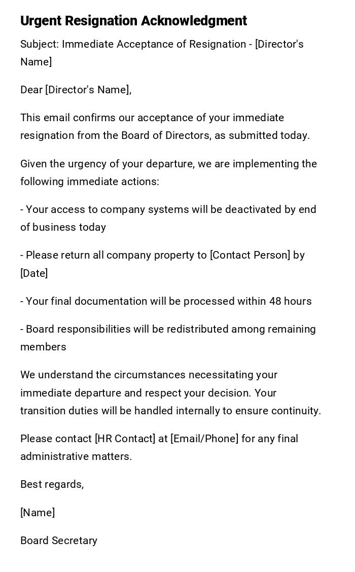 Urgent Resignation Acknowledgment Urgent Resignation Acknowledgment