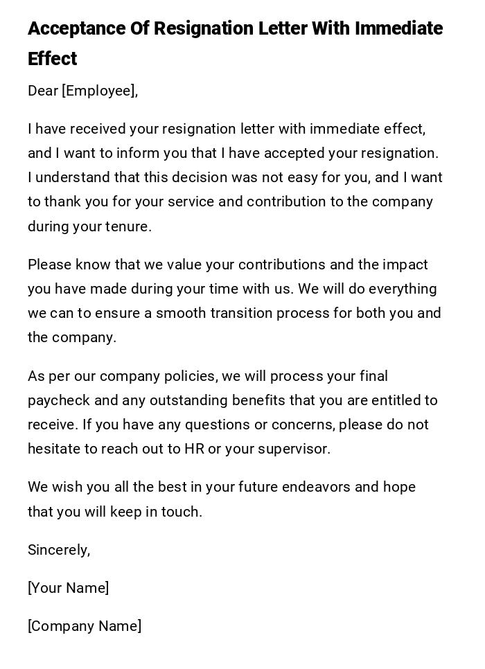 Acceptance Of Resignation Letter With Immediate Effect