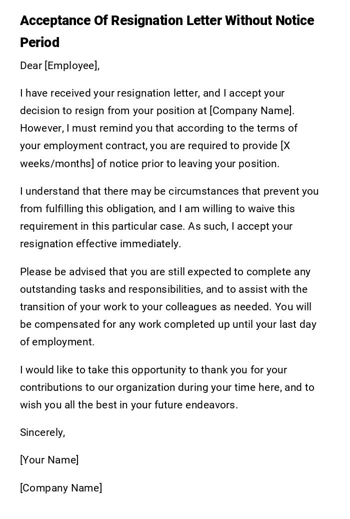 Acceptance Of Resignation Letter Without Notice Period