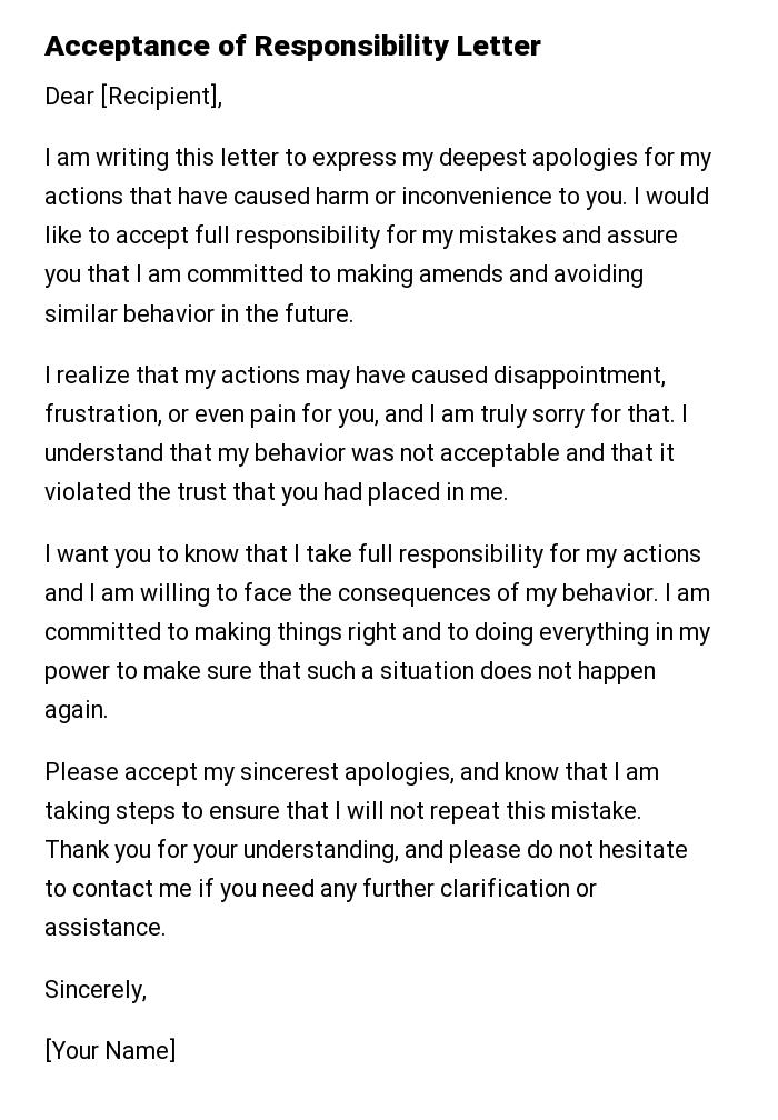 Acceptance of Responsibility Letter