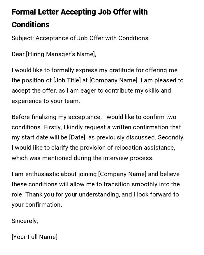 Formal Letter Accepting Job Offer with Conditions Formal Letter Accepting Job Offer with Conditions