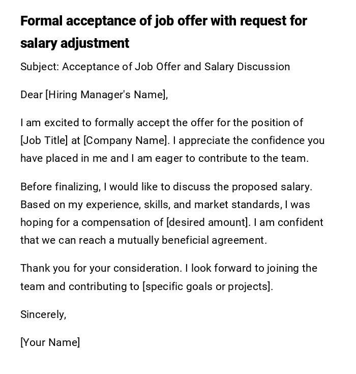 Formal acceptance of job offer with request for salary adjustment