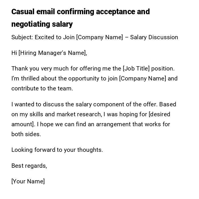 Casual email confirming acceptance and negotiating salary