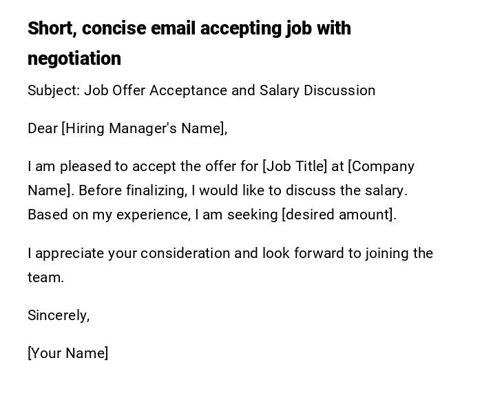 Short, concise email accepting job with negotiation