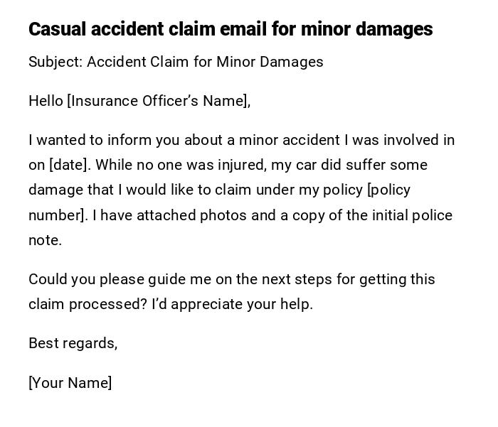 Casual accident claim email for minor damages Casual accident claim email for minor damages