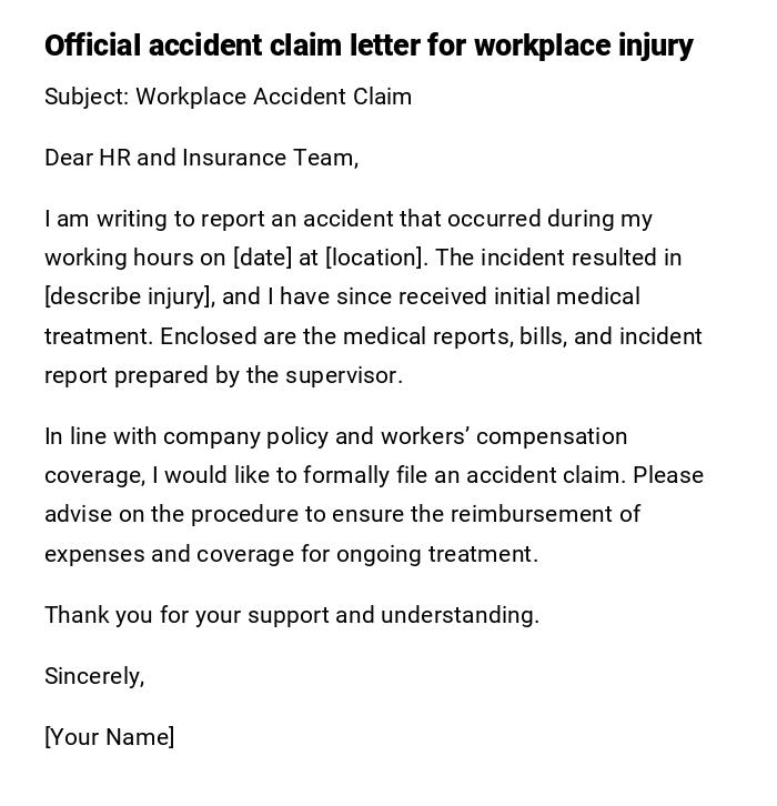 Official accident claim letter for workplace injury Official accident claim letter for workplace injury