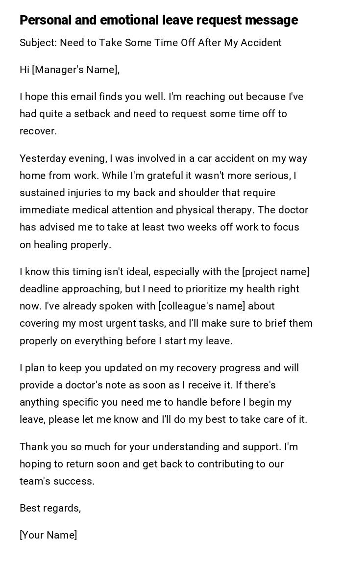 Personal and emotional leave request message Personal and emotional leave request message