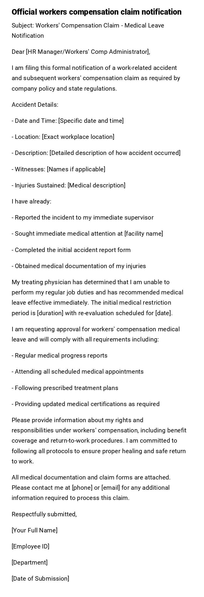 Official workers compensation claim notification Official workers compensation claim notification