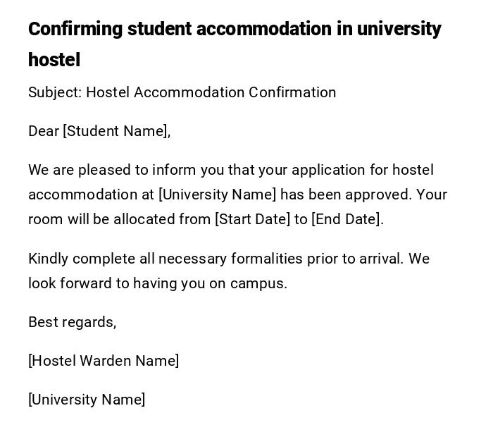 Confirming student accommodation in university hostel