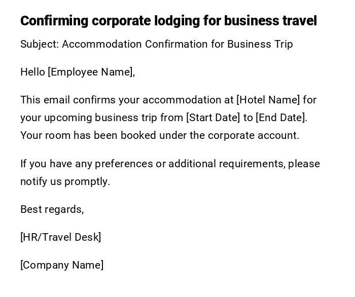 Confirming corporate lodging for business travel