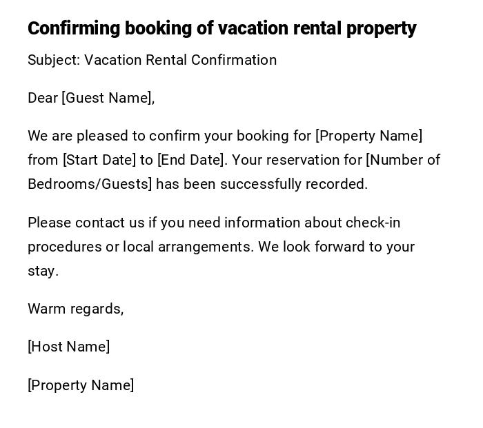Confirming booking of vacation rental property