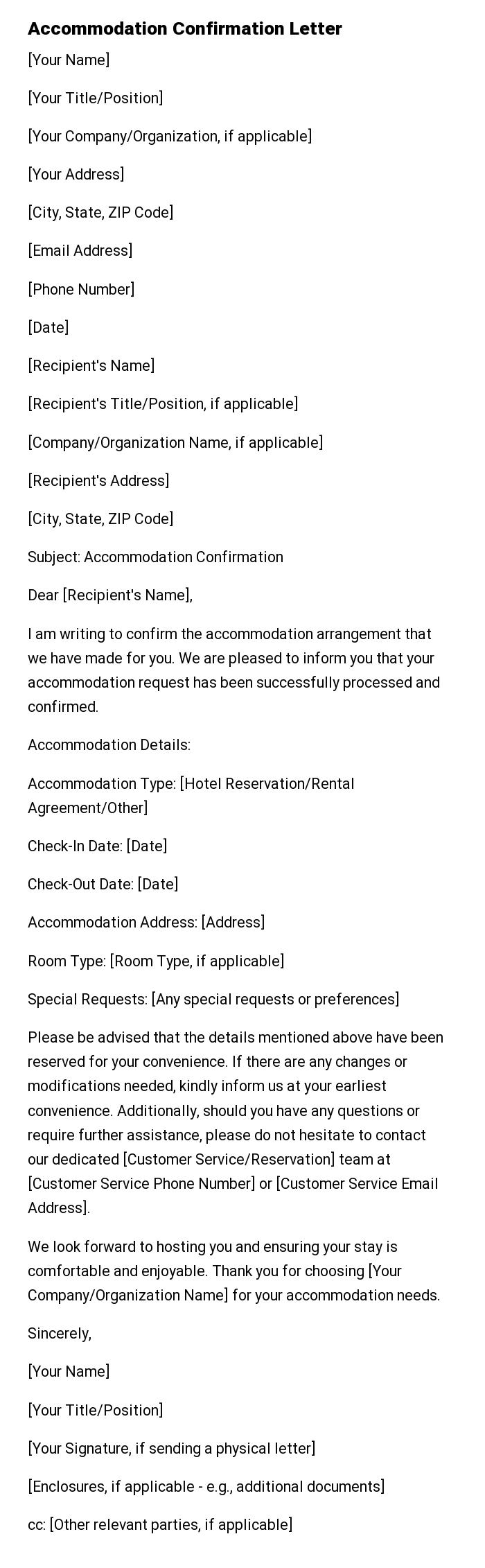 Accommodation Confirmation Letter
