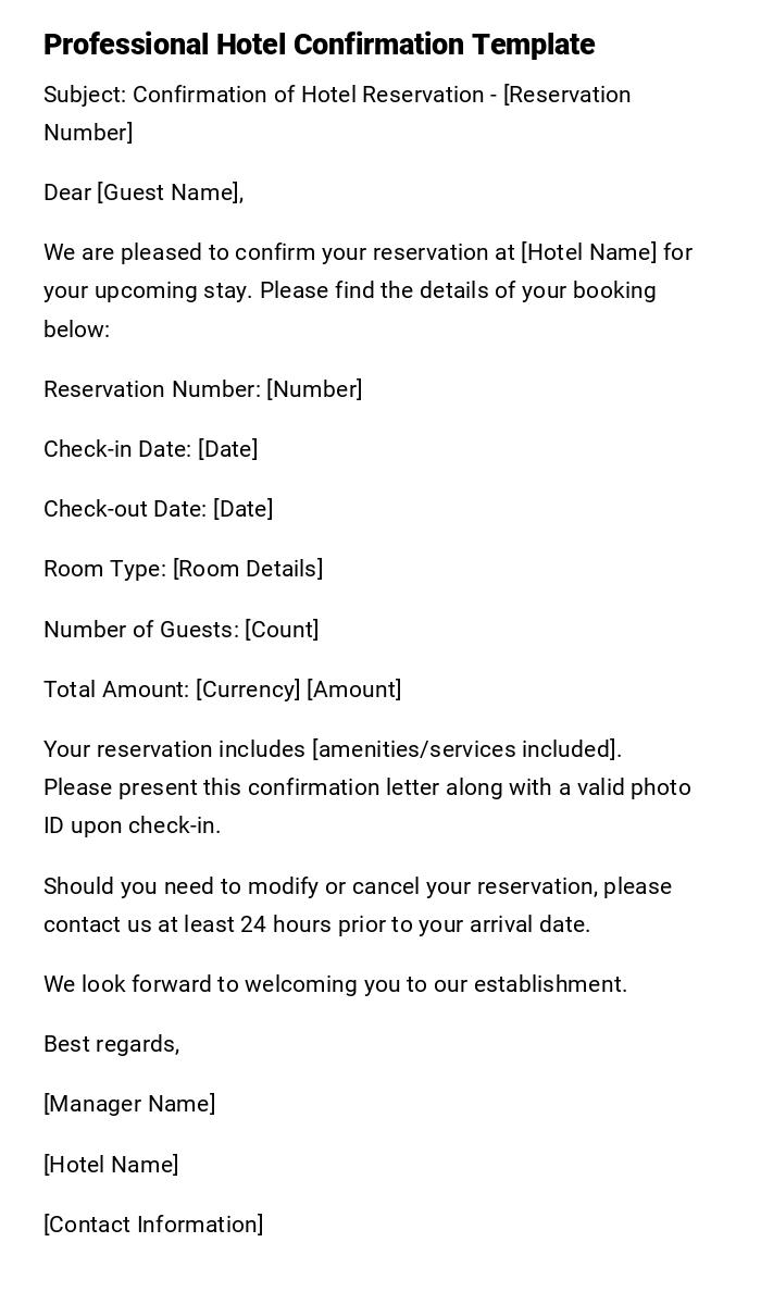 Professional Hotel Confirmation Template Professional Hotel Confirmation Template