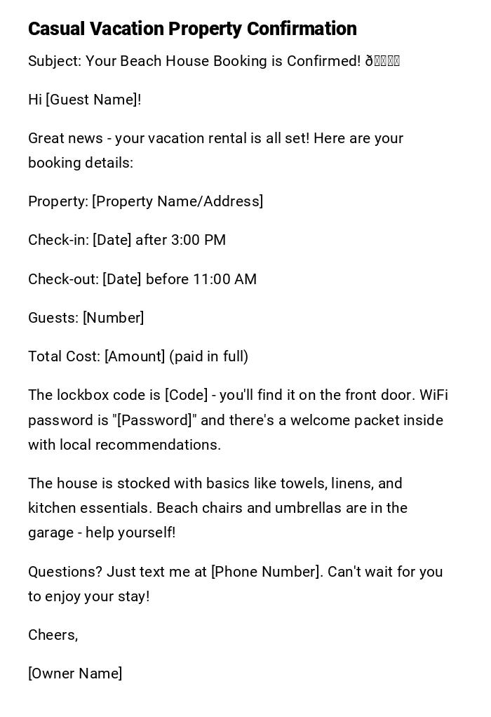 Casual Vacation Property Confirmation Casual Vacation Property Confirmation