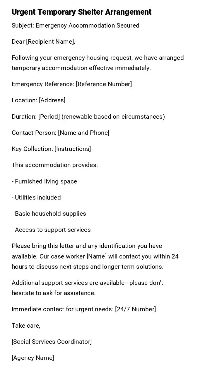 Urgent Temporary Shelter Arrangement Urgent Temporary Shelter Arrangement