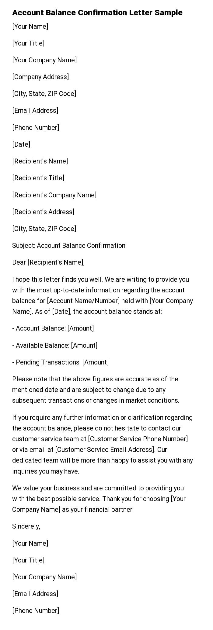 Account Balance Confirmation Letter Sample