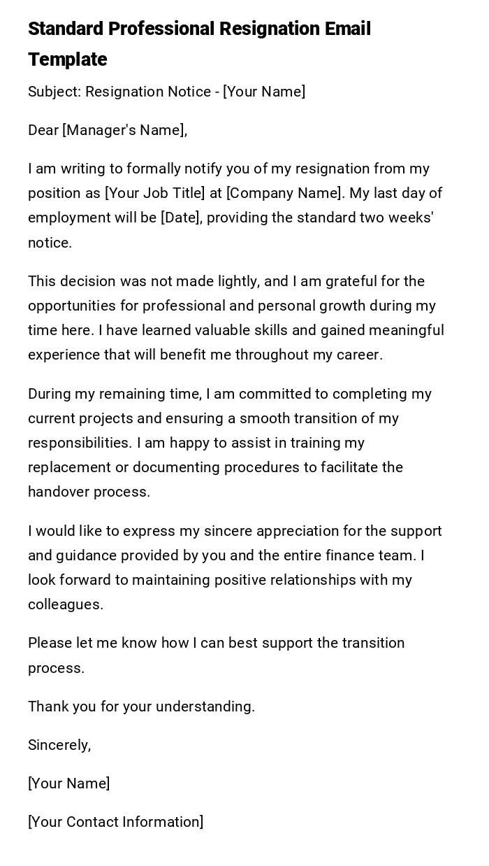 Standard Professional Resignation Email Template