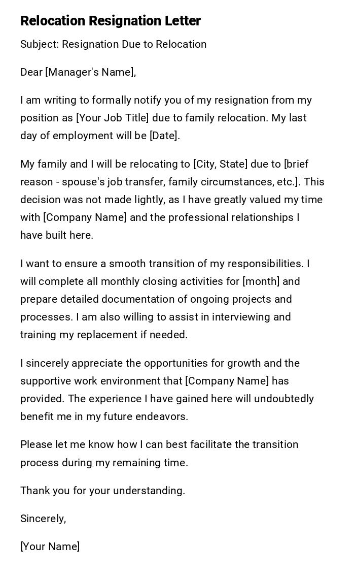 Relocation Resignation Letter