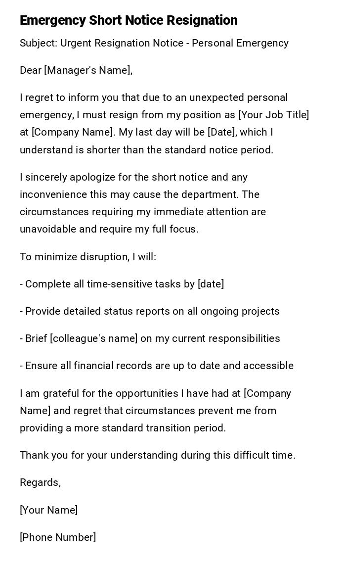 Emergency Short Notice Resignation