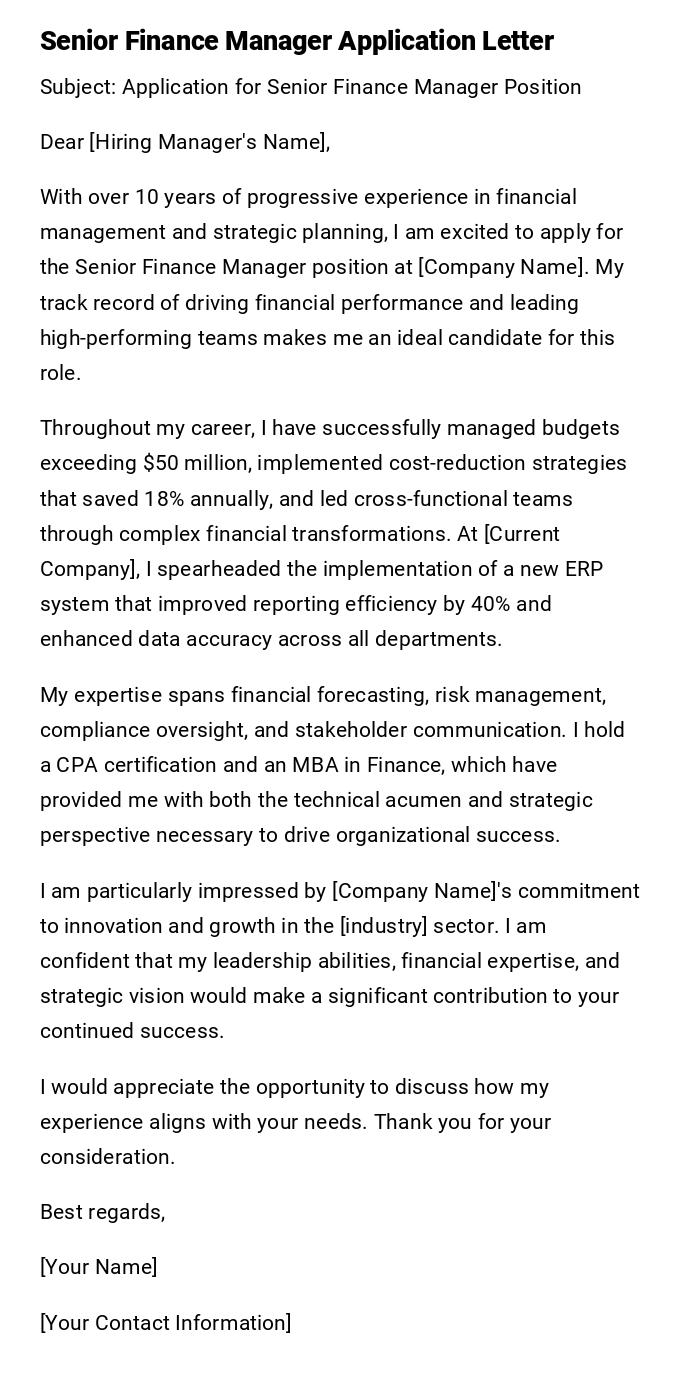 Senior Finance Manager Application Letter