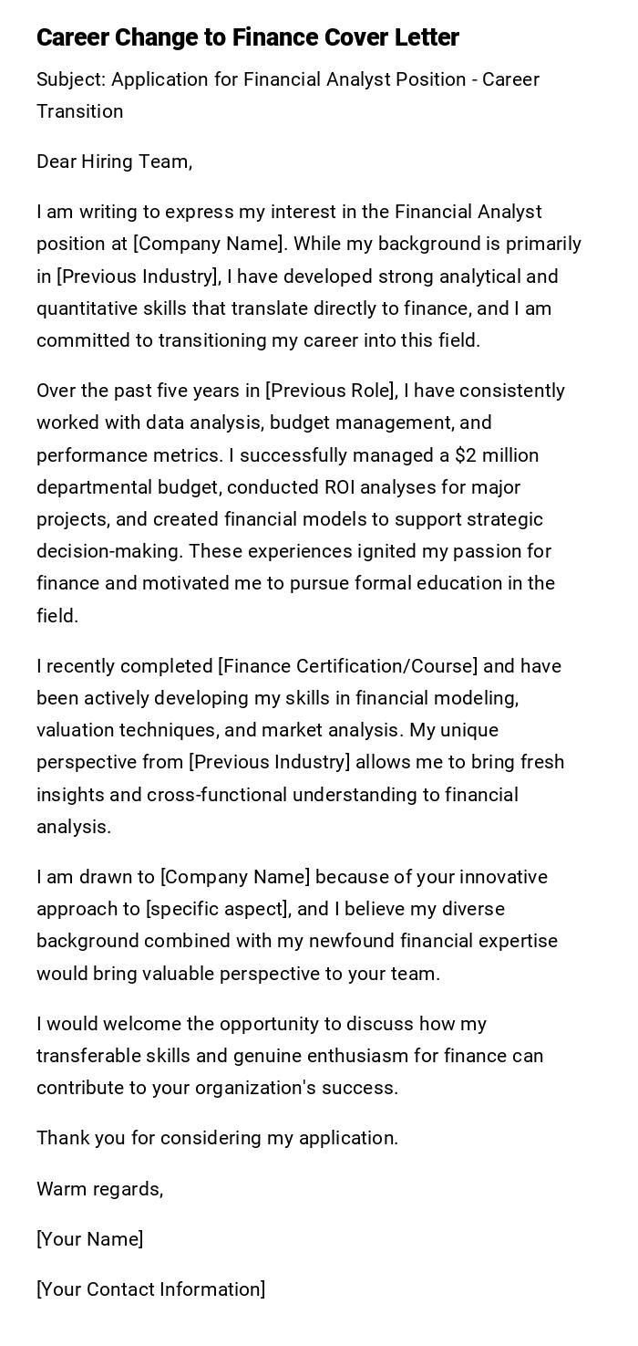 Career Change to Finance Cover Letter