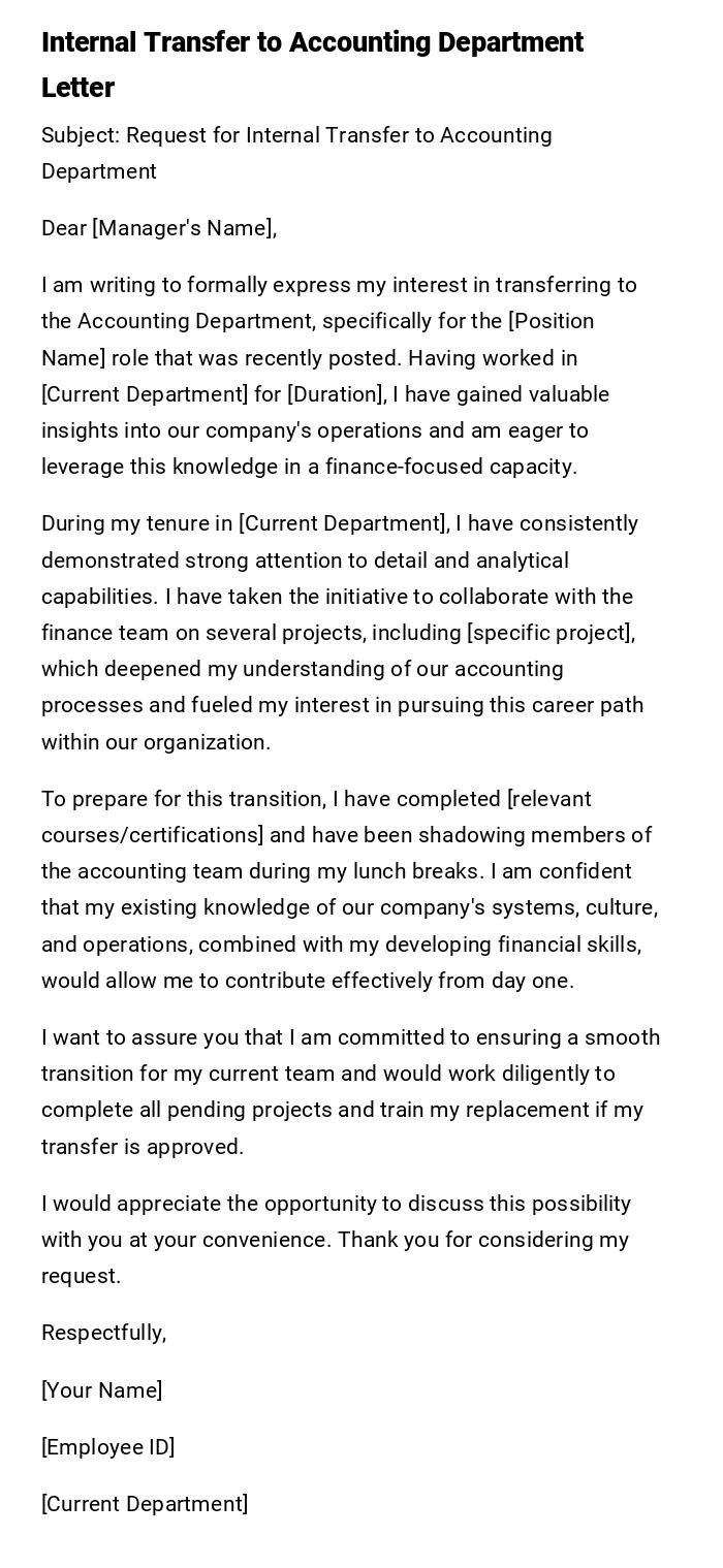 Internal Transfer to Accounting Department Letter