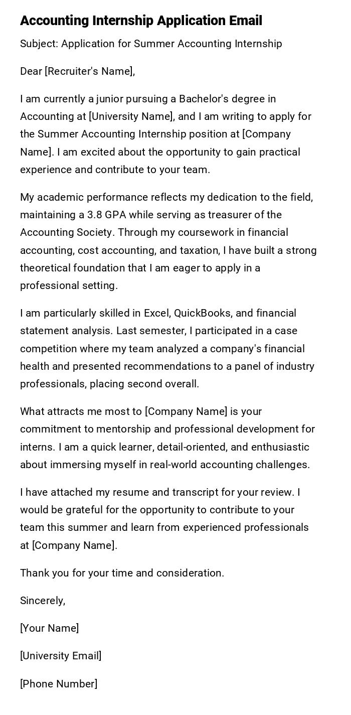 Accounting Internship Application Email