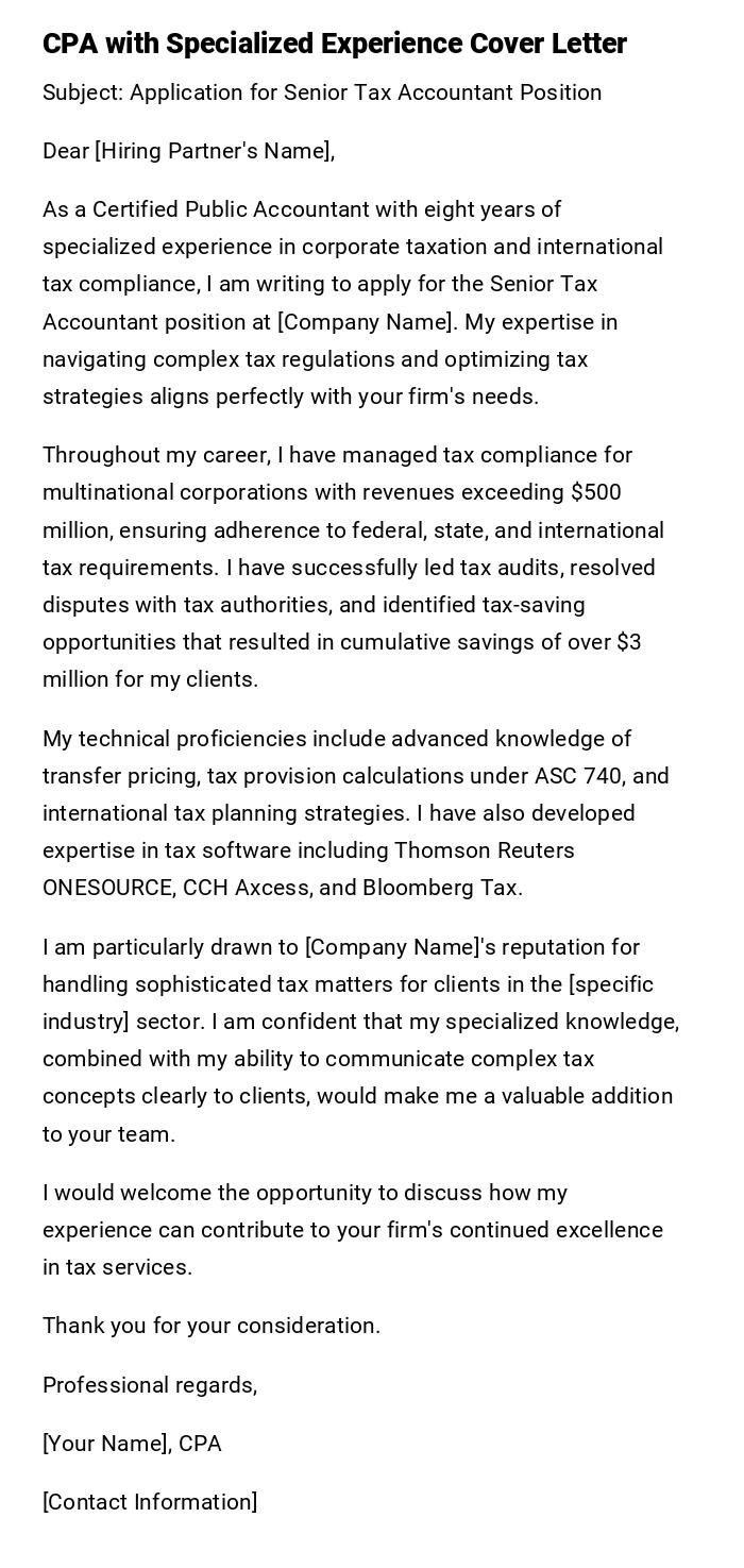 CPA with Specialized Experience Cover Letter