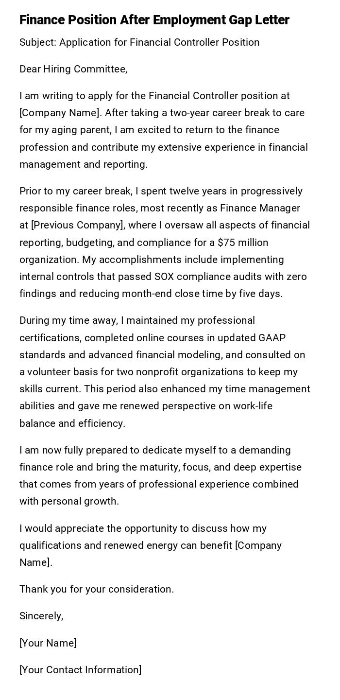 Finance Position After Employment Gap Letter