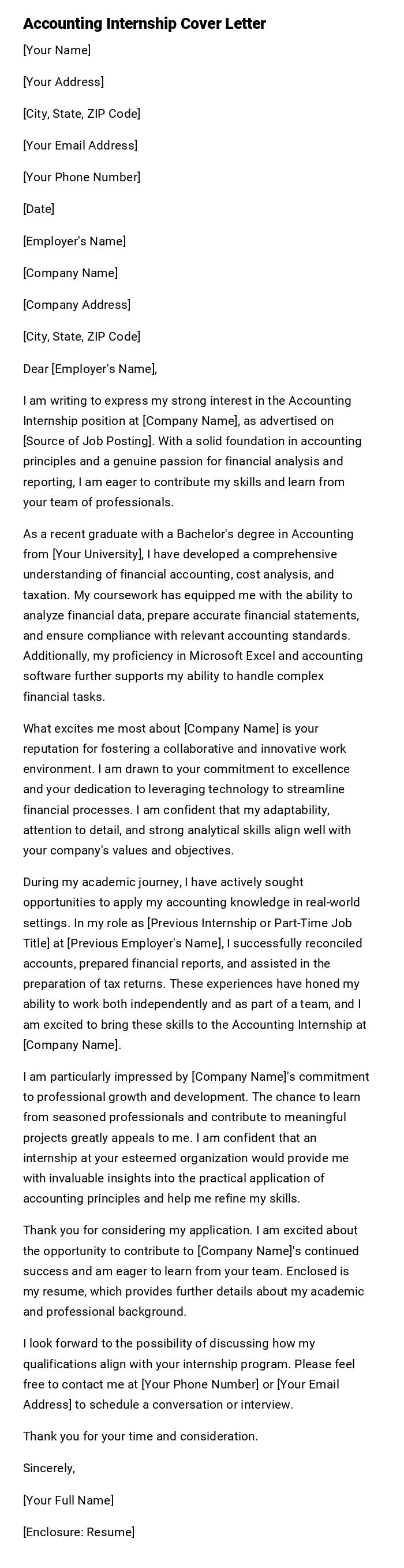 Accounting Internship Cover Letter