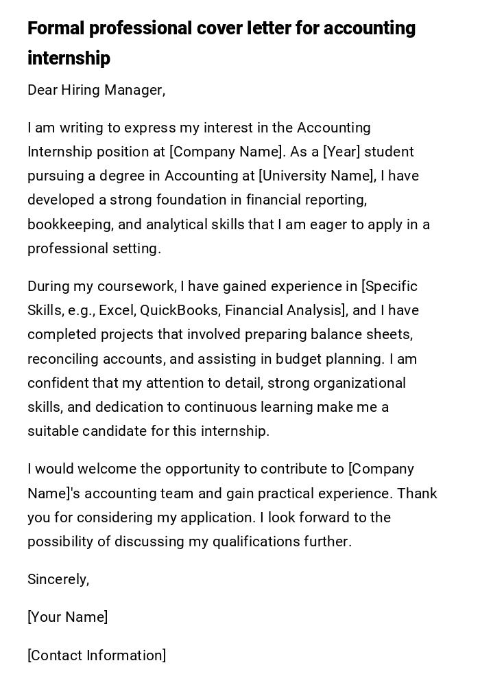 Formal professional cover letter for accounting internship Formal professional cover letter for accounting internship