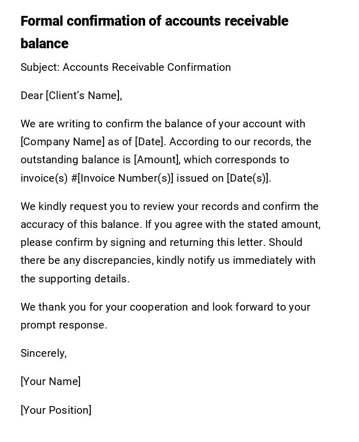 Formal confirmation of accounts receivable balance