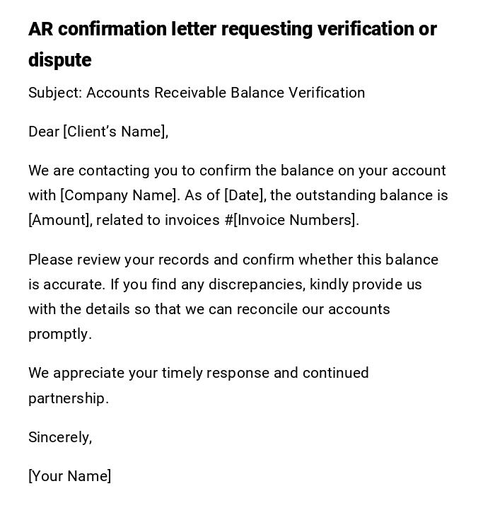 AR confirmation letter requesting verification or dispute
