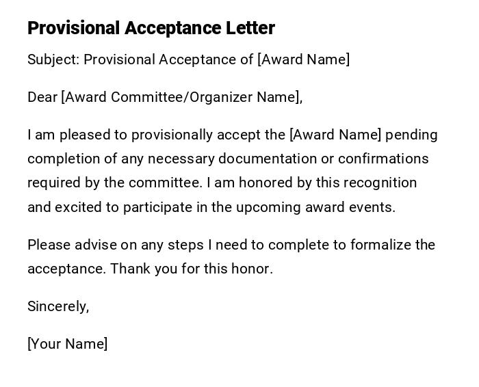 Provisional Acceptance Letter Provisional Acceptance Letter