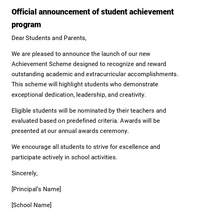 Official announcement of student achievement program Official announcement of student achievement program