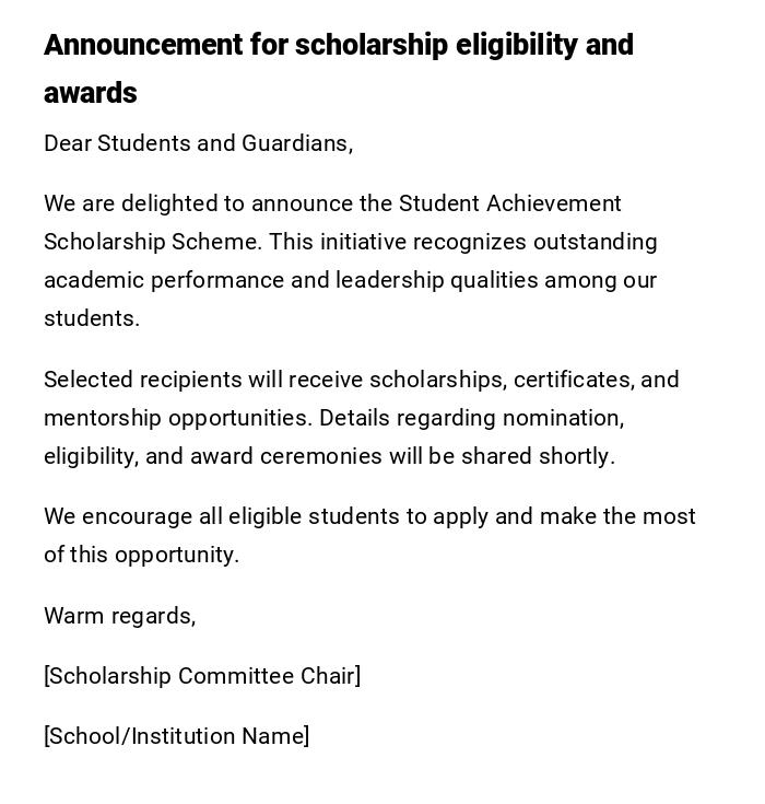 Announcement for scholarship eligibility and awards Announcement for scholarship eligibility and awards