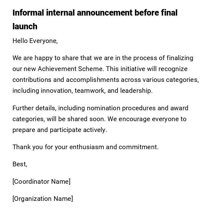 Informal internal announcement before final launch Informal internal announcement before final launch