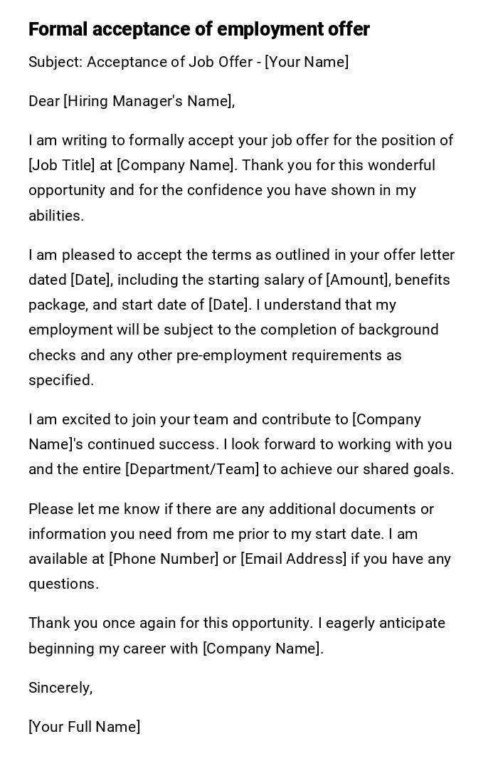 Formal acceptance of employment offer