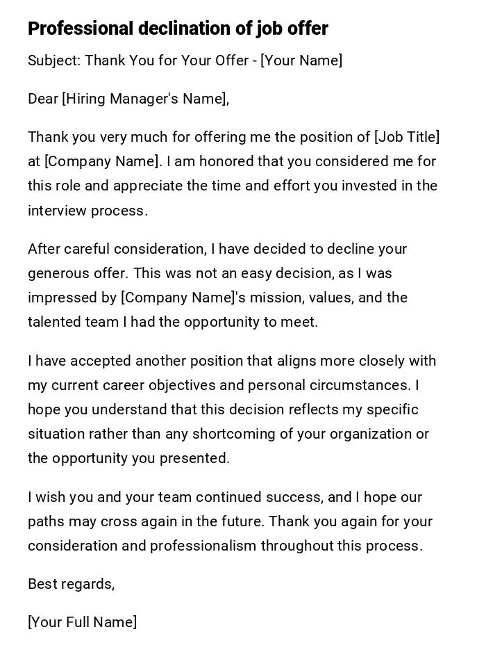 Professional declination of job offer