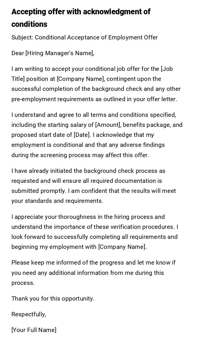 Accepting offer with acknowledgment of conditions