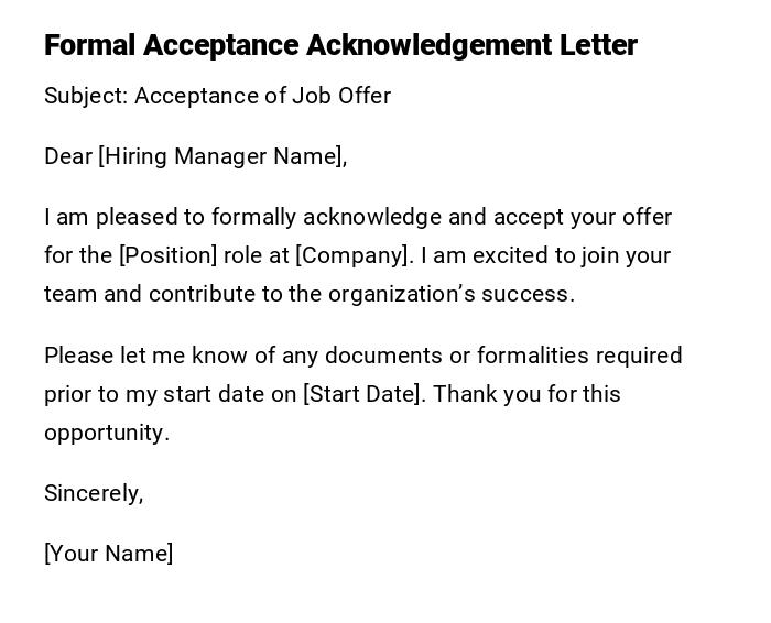 Formal Acceptance Acknowledgement Letter Formal Acceptance Acknowledgement Letter