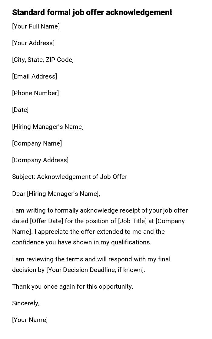 Standard formal job offer acknowledgement Standard formal job offer acknowledgement