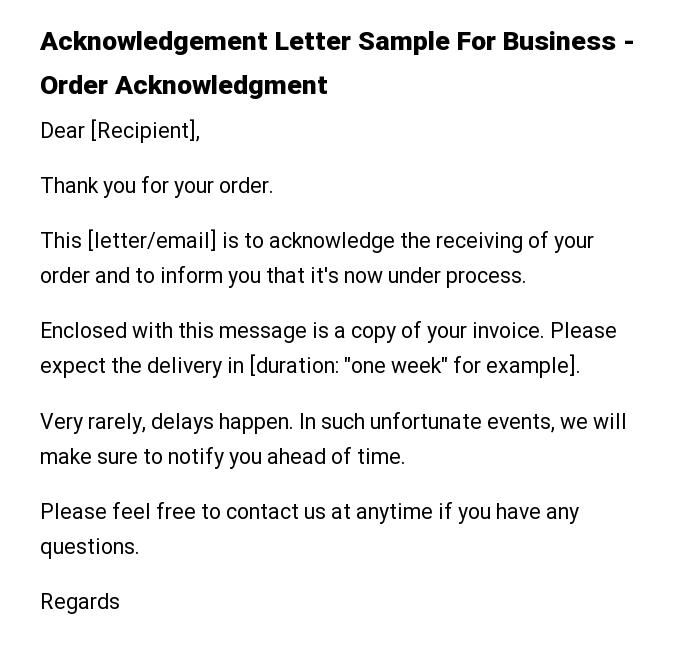 Acknowledgement Letter Sample For Business - Order Acknowledgment