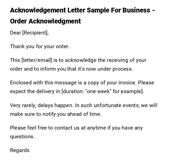 Acknowledgement Letter Sample For Business - Order Acknowledgment