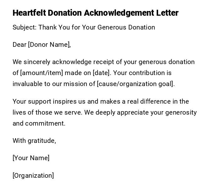 Heartfelt Donation Acknowledgement Letter