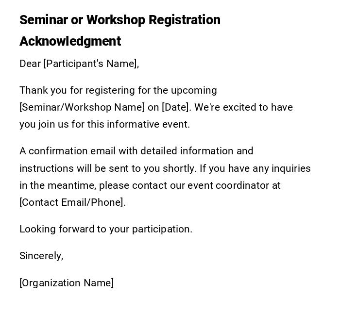 Seminar or Workshop Registration Acknowledgment