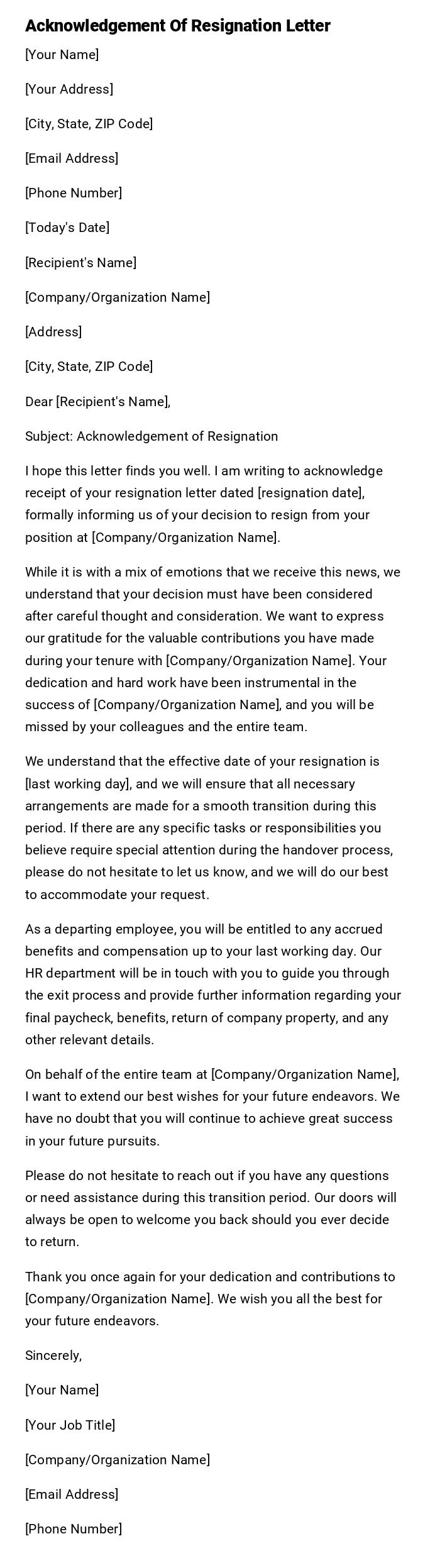 Acknowledgement Of Resignation Letter Acknowledgement Of Resignation Letter