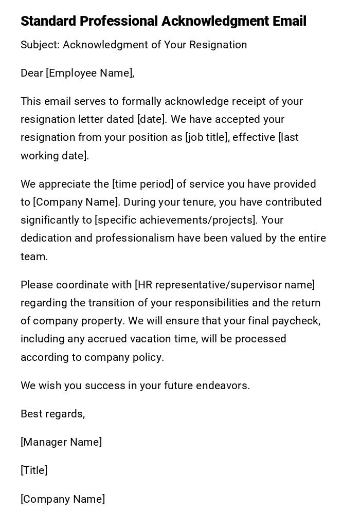 Standard Professional Acknowledgment Email