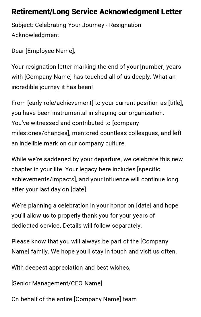 Retirement/Long Service Acknowledgment Letter