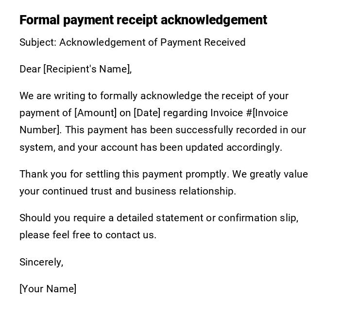 Formal payment receipt acknowledgement